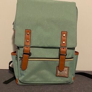 Green Canvas Backpack with Brown Accents